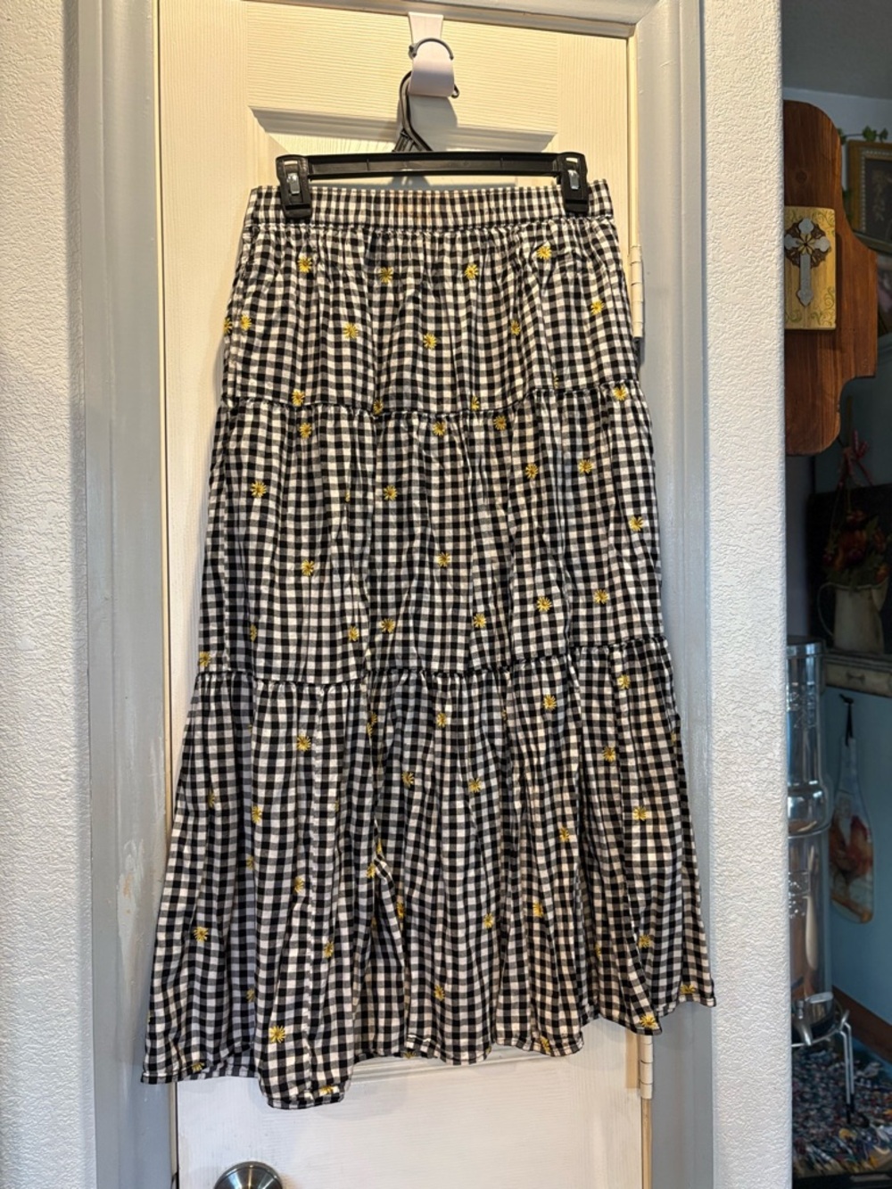 Old Navy Black & White Gingham Tiered Maxi Skirt with Yellow Floral Accents